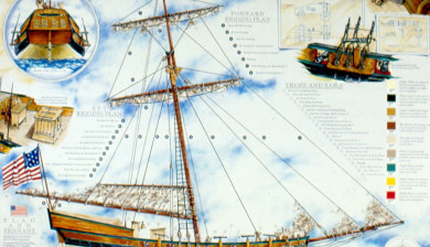 Rendering and master plan for Disney’s Golden Dream showing Rigging and Deck Plan.