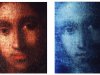 Detail comparison by Dr. Walter C. McCrone, Ph.D., Forensic Scientist, McCrone Research Institute of the face of Jesus from Christ Among the Doctors (c.1472-95 and/or c.1500-05), a Painting Study by Leonardo da Vinci under normal light conditions (left) and under ultraviolet light (right).