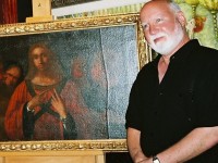 Jeffrey A. Dering (2007) next to early painting study of a Young Christ attributed to Leonardo da Vinci (c.1472-1495 and/or c.1504-1505; dates vary due to Leonardo's ongoing changes & experiments) which Leonardo incorporated into his original prototype design composition of Christ Among the Doctors, which, in turn, directly influenced the variations of the same design by Renaissance Masters including Cima (c.1504-05), Durer (1506) and Luini (c.1515-30).